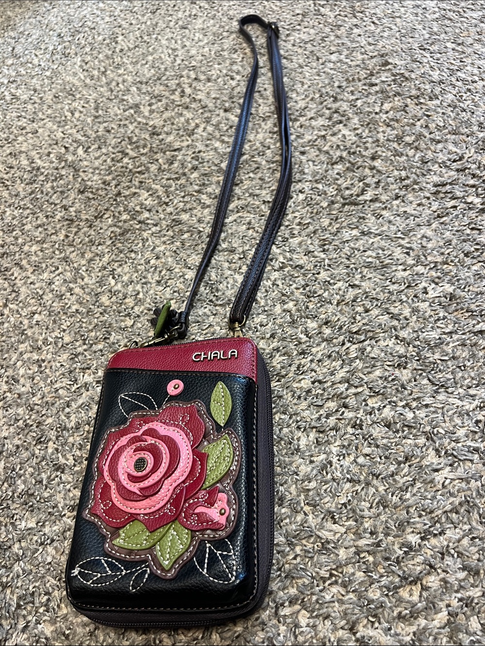 Chala Black Crossbody Phone Bag with Pink Floral Applique
